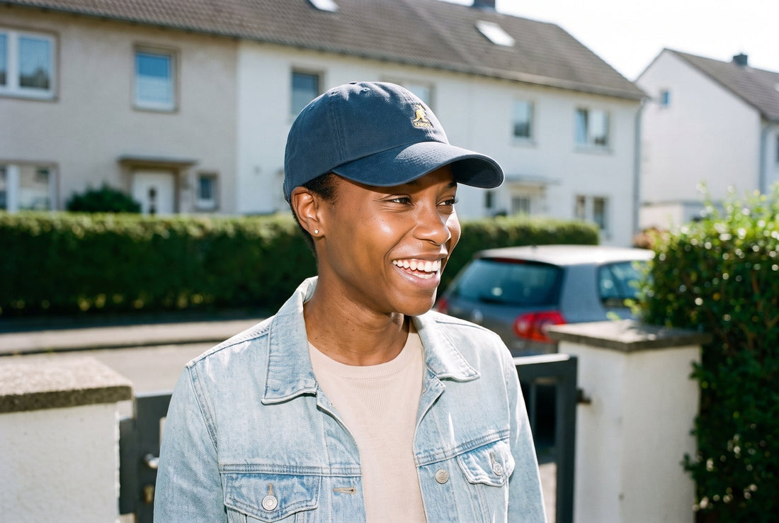 Lachende Frau mit marineblauer Kangol Washed Dad Hat mit weicher Front und gebogenem Schirm an einem Gartentor in einer sonnigen Wohnstraße