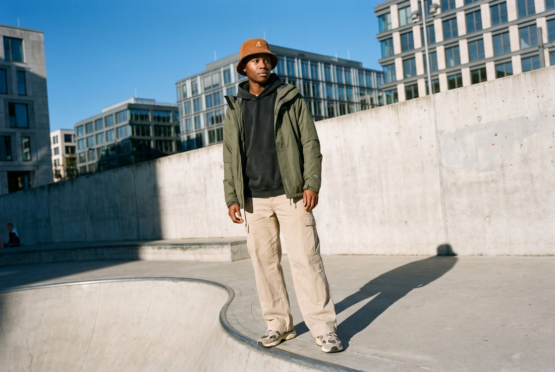 Person im karamellbraunen Kangol Cord Bucket Hat mit olivfarbener Jacke und beigefarbener Cargohose am Rand einer Skatepark-Bowl
