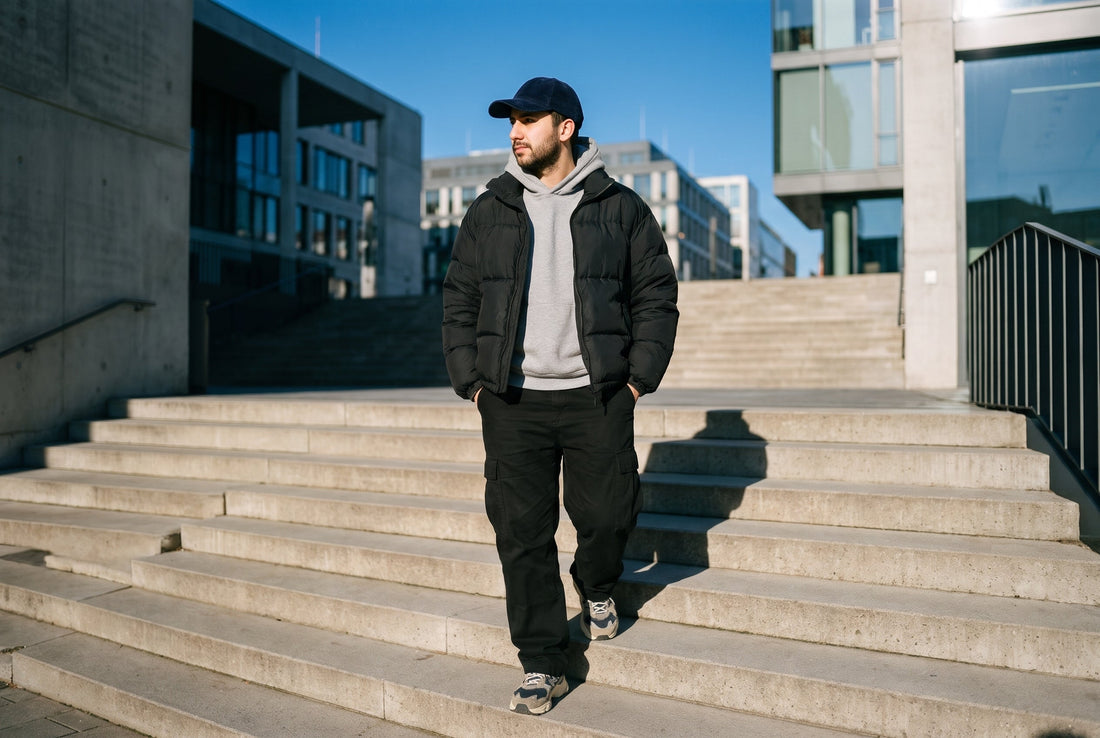 Mann mit navyblauer Cord-Cap, schwarzer Puffer-Jacke über grauem Hoodie und Cargo-Hose auf Betontreppen in der Wintersonne