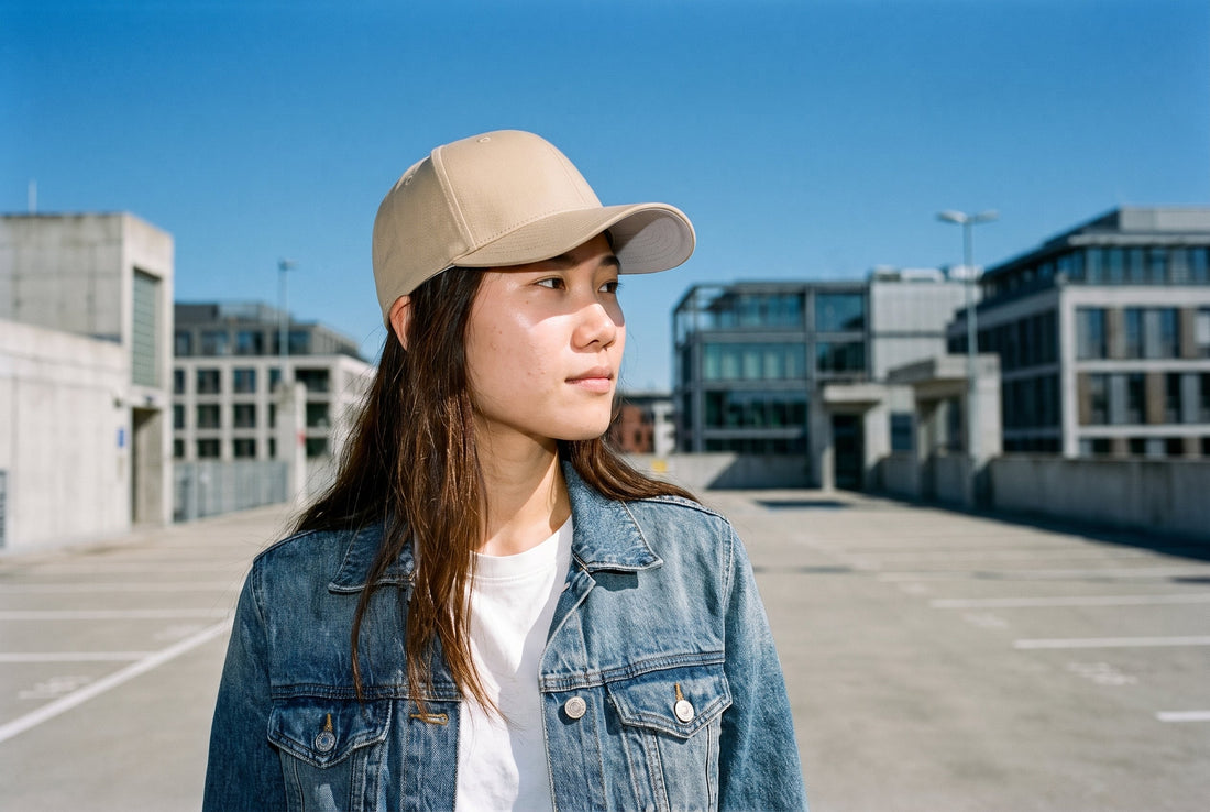 Frau mit sandfarbener Flexfit Cap und Jeansjacke auf einem leeren Parkdeck zwischen Betonbauten