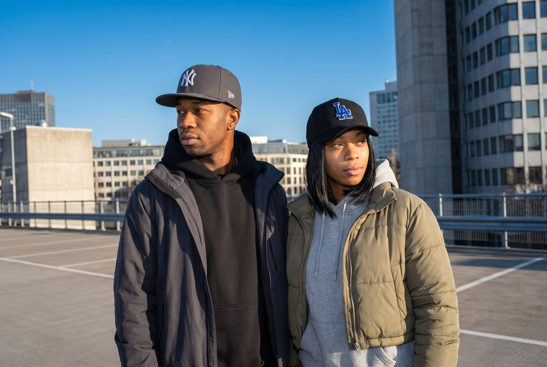Zwei junge Leute auf einem Parkdeck: er mit grauer New Era 59FIFTY mit flachem Schirm, sie mit schwarzer 9FORTY mit gebogenem Schirm
