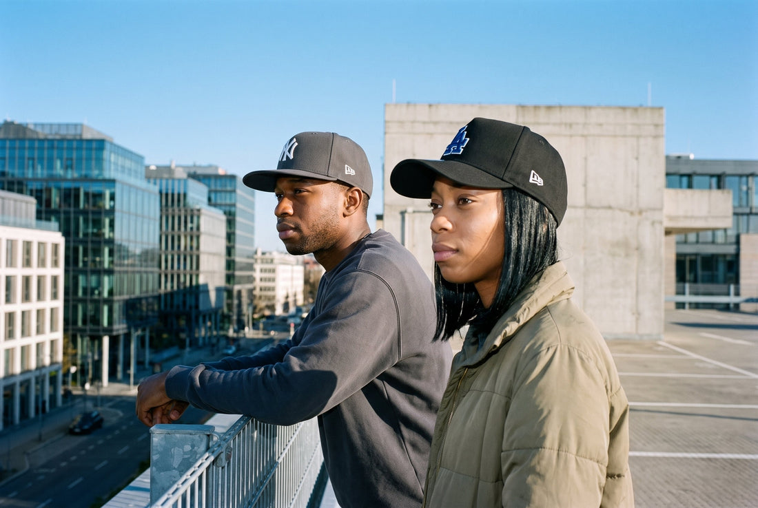 Zwei junge Leute auf einem Parkdeck: er mit grauer New Era 59FIFTY mit flachem Schirm, sie mit schwarzer 9FORTY mit gebogenem Schirm