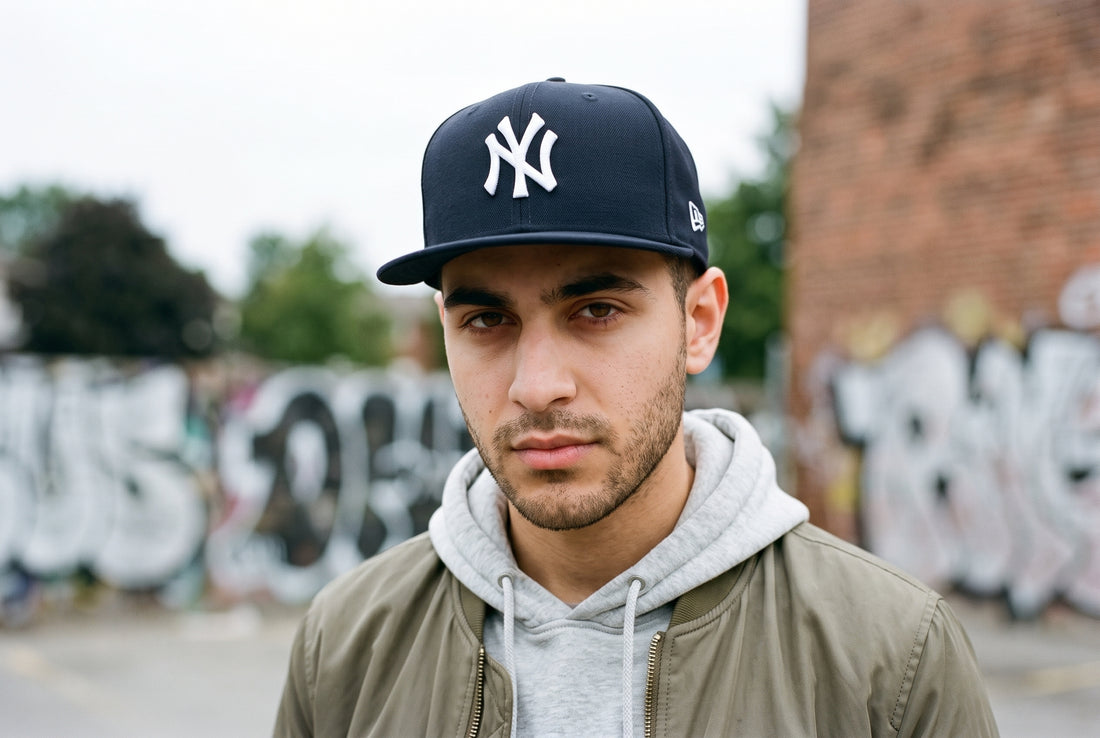 Mann mit marineblauer New Era 59FIFTY mit flachem Schirm und weißer NY-Yankees-Stickerei vor einer Graffiti-Wand