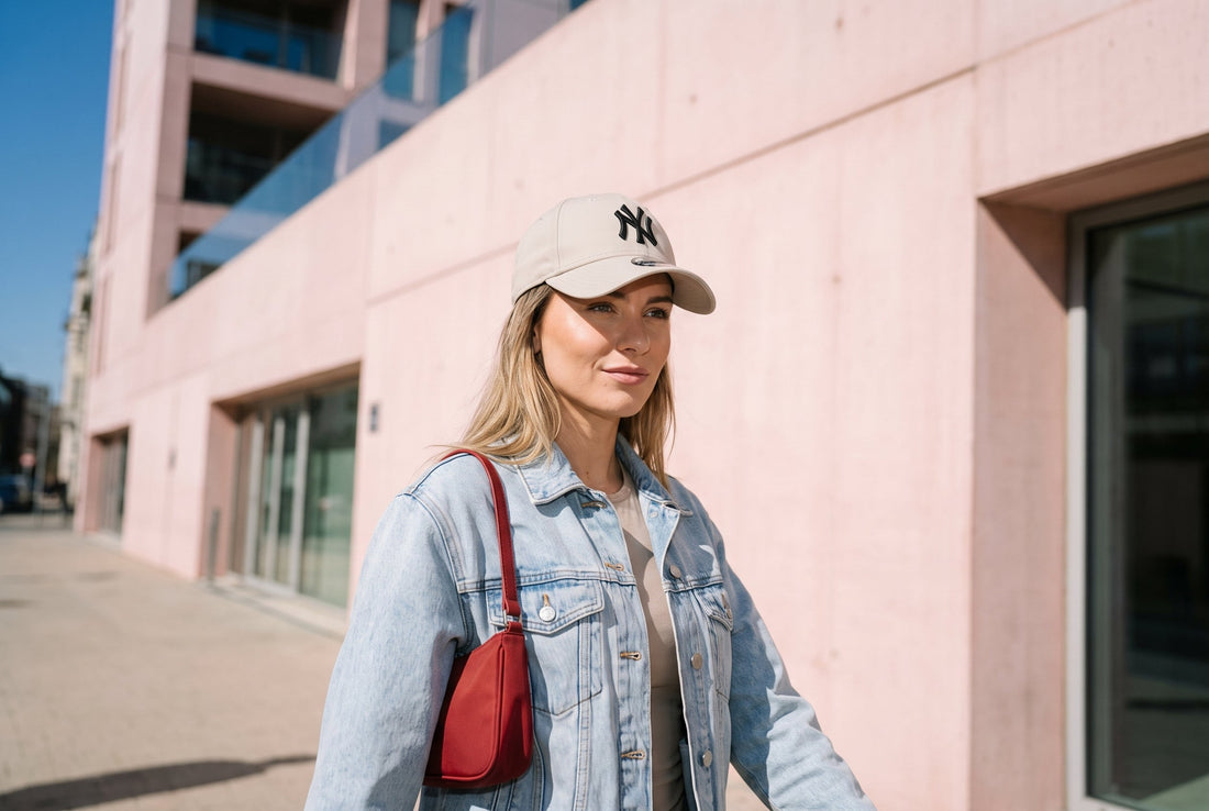 Frau mit beiger New Era 9FORTY Yankees Cap und Jeansjacke vor einer rosa Betonfassade