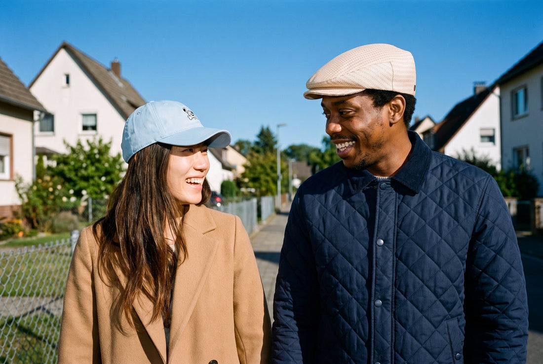 Zwei Freunde auf einer sonnigen Wohnstraße: sie mit hellblauer Baseballcap, er mit beiger Flatcap