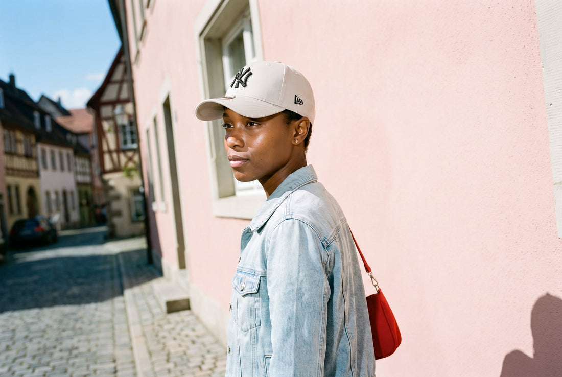 Frau mit beiger New Era 9FORTY Yankees Cap vor einer rosa Altstadtfassade