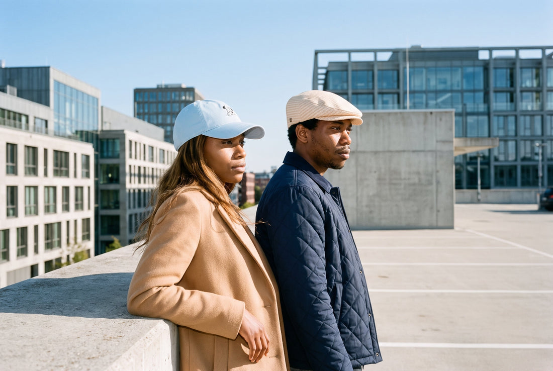 Zwei Freunde auf einem sonnigen Parkdeck in der Stadt: sie mit hellblauer Baseballcap, er mit beiger Flatcap