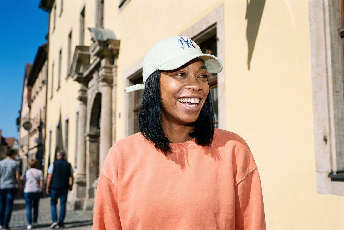 Lachende Frau mit mintgrüner '47 Yankees Cap vor einer sonnigen Altstadtfassade